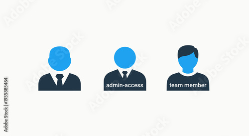 Icons representing team members and user roles: profile, admin access, and team member symbols in a simple, flat design style.