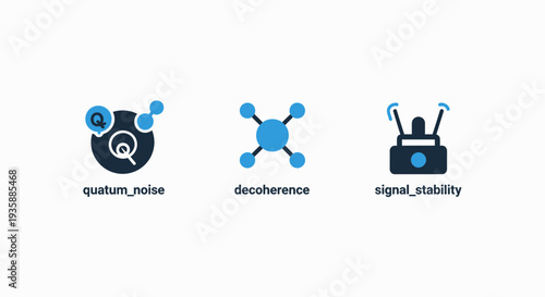 Modern icons representing quantum computing concepts: noise, decoherence, and signal stability in blue and dark gray on a white background.