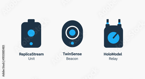 Set of futuristic technology icons: ReplicaStream Unit, TwinSense Beacon, and HoloModel Relay, symbolizing data, communication, and connectivity in blue and dark gray.
