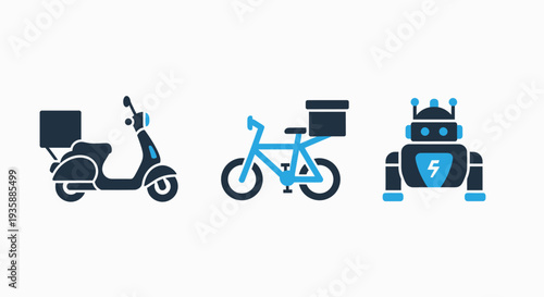 Icons representing modern delivery services: electric scooter, bicycle with cargo, and delivery robot, symbolizing fast and efficient logistics in blue and dark gray.