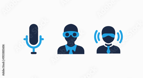 Icons for audio and communication: microphone, VR goggles, and sound waves, representing recording, virtual reality, and broadcasting.
