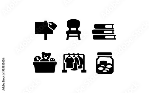 Collection of icons representing items for sale at a garage sale or flea market