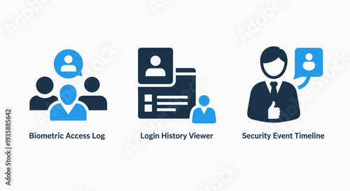Security and access icons for biometric logs, login history, and event timelines in cybersecurity