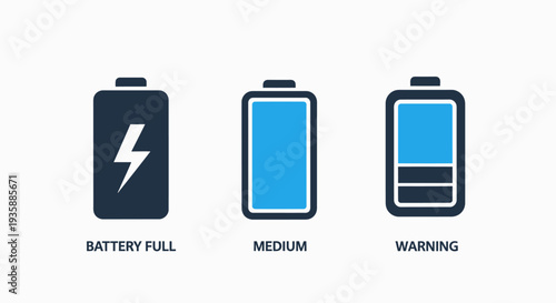 Battery level icons showing full, medium, and warning charge states, representing power status