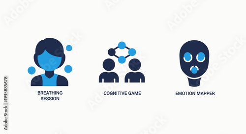 Mental wellness icons representing breathing sessions, cognitive games, and emotion mapping for well-being