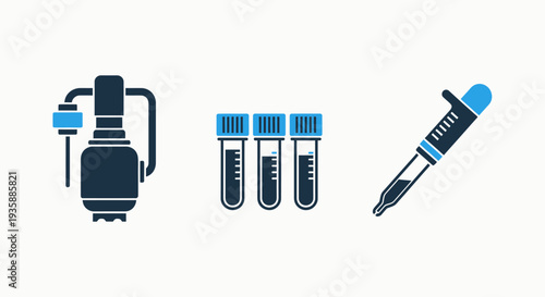 Laboratory equipment icons: vacuum pump, test tubes, and pipette, symbolizing scientific research, chemistry, and medical testing.