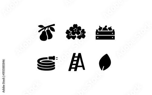 Collection of gardening and harvest icons including pears, flowers, crate, hose, ladder, and leaf