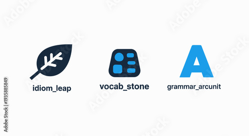 Minimalist icons for 'idiom leap', 'vocab stone', and 'grammar arcunit', representing language learning, linguistics, and education.