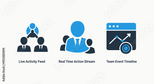 Icons depicting team dynamics: live activity feed, real-time action stream, and team event timeline, for business process and network monitoring.
