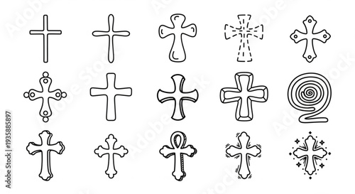 Collection of Hand Drawn Christian Cross Symbols and Religious Icons.