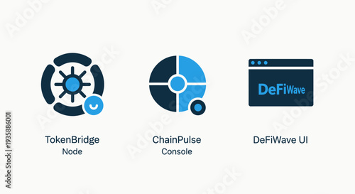 Decentralized finance (DeFi) icons: TokenBridge Node, ChainPulse Console, and DeFiWave UI, illustrating blockchain technology and cryptocurrency applications.