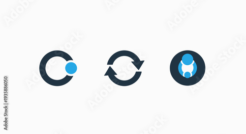 Sync and refresh icons: circular arrows, refresh symbol, and interconnected figures. Represents updates, cycles, and synchronization.