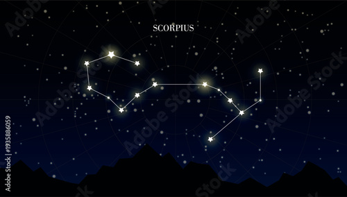 Scorpius zodiac constellation on a dark night sky background with stars, astrology, astronomy vector design elements