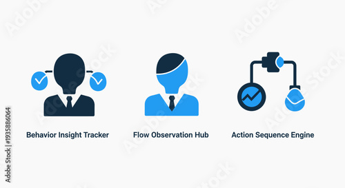 Business analytics and workflow icons: behavior tracking, flow observation, and action sequencing. Visualizing process efficiency.