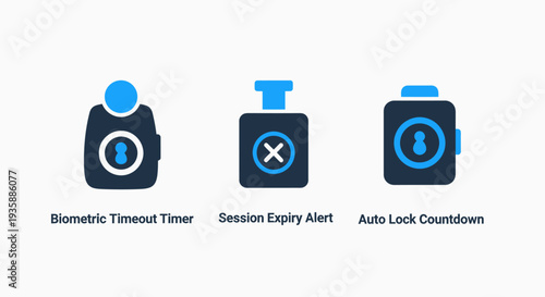 Security and access icons: biometric timeout, session expiry alert, and auto-lock countdown. User session management and data protection.