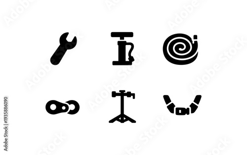 Collection of bicycle repair and maintenance tool icons on a white background