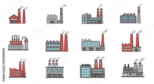 Collection of Industrial Factory Buildings with Smoke Stacks.
