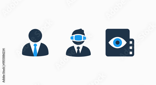 Icons of a businessman, VR headset user, and eye in video frame - signifying virtual reality, business, and visual monitoring