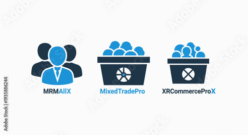 Icons representing team collaboration, mixed trade, and e-commerce - conceptual graphics for business and digital platforms