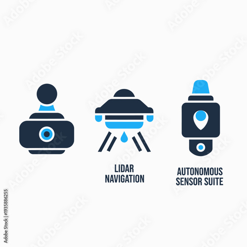 Icons for lidar navigation, autonomous sensor suite, and joystick controller - representing advanced technology and AI systems