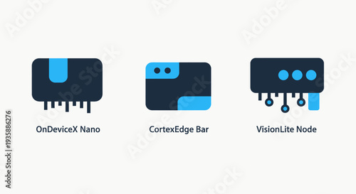 Modern tech icons: OnDeviceX Nano, CortexEdge Bar, VisionLite Node - representing edge computing, AI processing, and smart devices