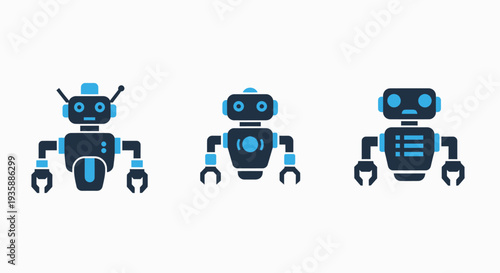 A collection of cute, friendly robot icons with different expressions and antennae, perfect for technology, AI, and futuristic concepts.