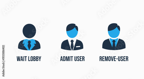 Icons illustrating user access control: wait lobby, admit user, and remove user, using a clean blue and dark blue design.