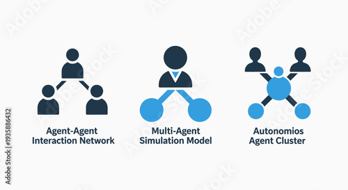 Icons illustrating agent-agent interaction networks, multi-agent simulation models, and autonomous agent clusters. Conceptual graphic for AI, networks, and systems.