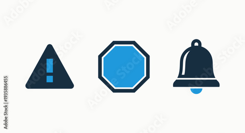 Alert icons including a warning triangle with exclamation mark, an octagonal stop sign, and a notification bell. Symbols for danger, caution, prohibition, and alerts.