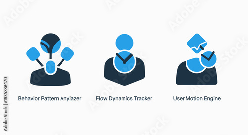 Icons for behavior pattern analyzer, flow dynamics tracker, and user motion engine. Visuals for data analysis, user behavior tracking, and system dynamics.