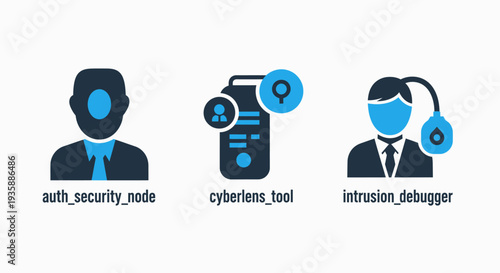 Icons for authentication security node, cyber lens tool, and intrusion debugger. Visuals for cybersecurity, network analysis, and digital security concepts.