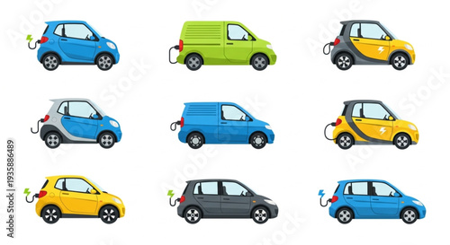 Collection of electric cars and vans charging.