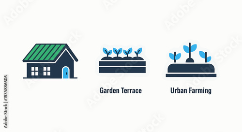Urban Farming Icons: Greenhouse, Garden Bed, and Vertical Farming Setup for Sustainable Agriculture