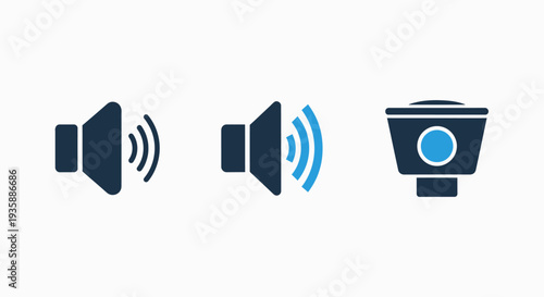 Sound icons and a speaker symbol, representing audio output, volume control, and sound transmission in digital media.