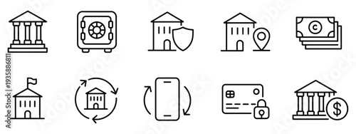 bank and vault thin line editable stroke icons with building payments and security symbols.