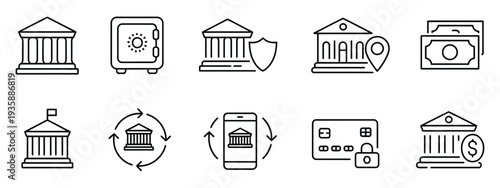 bank and vault thin line editable stroke icons with building payments and security symbols.
