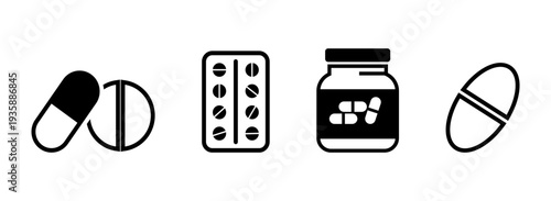 Pills icon. Capsule pill. black and white.