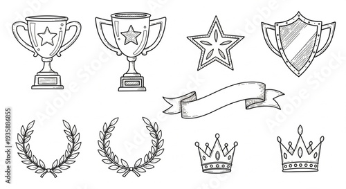 Collection of Hand Drawn Award Symbols and Trophies.