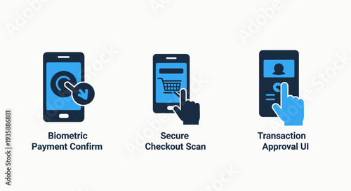 Secure Mobile Payment and E-commerce Icons: Biometric Confirmation, Checkout Scan, and Transaction Approval