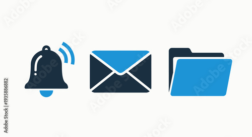 Essential Communication and File Management Icons: Notifications, Email, and Document Folders