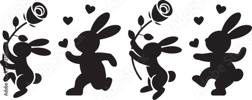 Easter day bunnies silhouette with flowers and hearts
