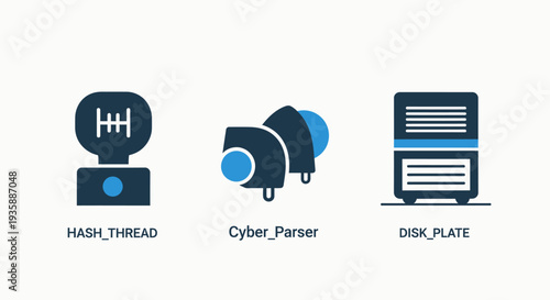 Hash Thread Processing, Cyber Parser Analytics, and Disk Plate Storage Icons for Cybersecurity and Data