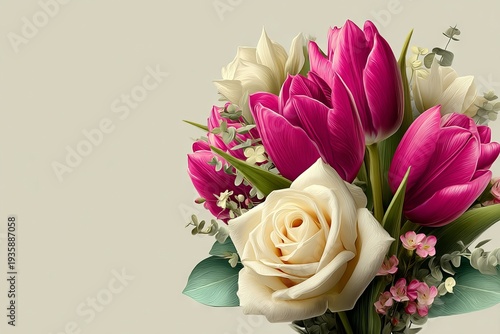 Sophisticated arrangement of soft pink tulips and white roses, ideal for home decor projects