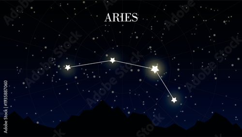 Aries zodiac constellation on a dark night sky background with stars, astrology, astronomy vector design elements