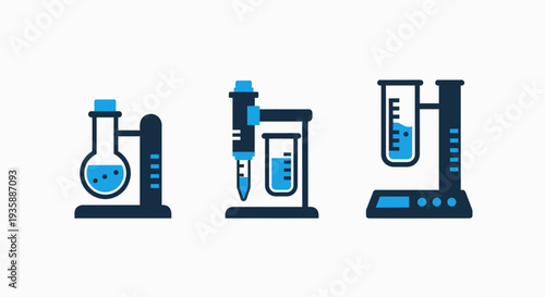 Science Laboratory Equipment Icons for Chemistry Experiments, Research, and Medical Analysis with Flasks and Test Tubes