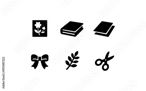 Collection of six simple black icons representing crafting and hobbies like sewing, reading, and gardening