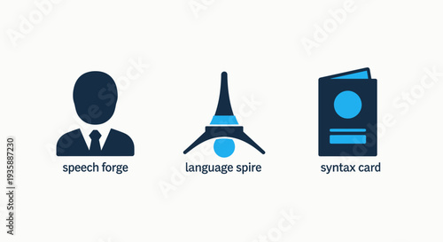 Flat design vector icons representing speech recognition, language processing, syntax analysis, communication technology, and AI innovation.