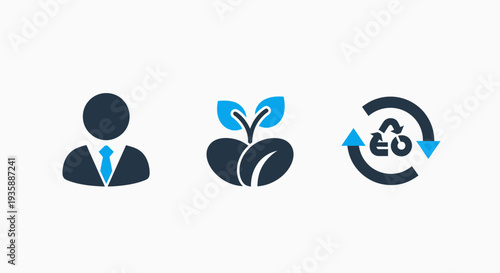 Flat design vector icons for sustainable business practices, eco-friendly products, organic agriculture, recycling, and circular economy initiatives.