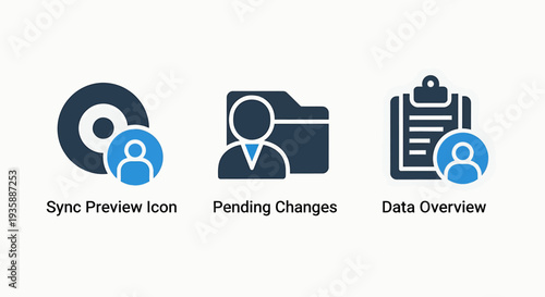 Modern Data Management and User Profile Administration Icons: Sync Preview, Pending Changes, and Data Overview Concepts for Digital Systems