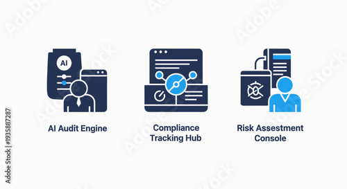 AI Audit, Compliance Tracking, and Risk Assessment Console Icons for Data Security, Regulatory Management, and Governance